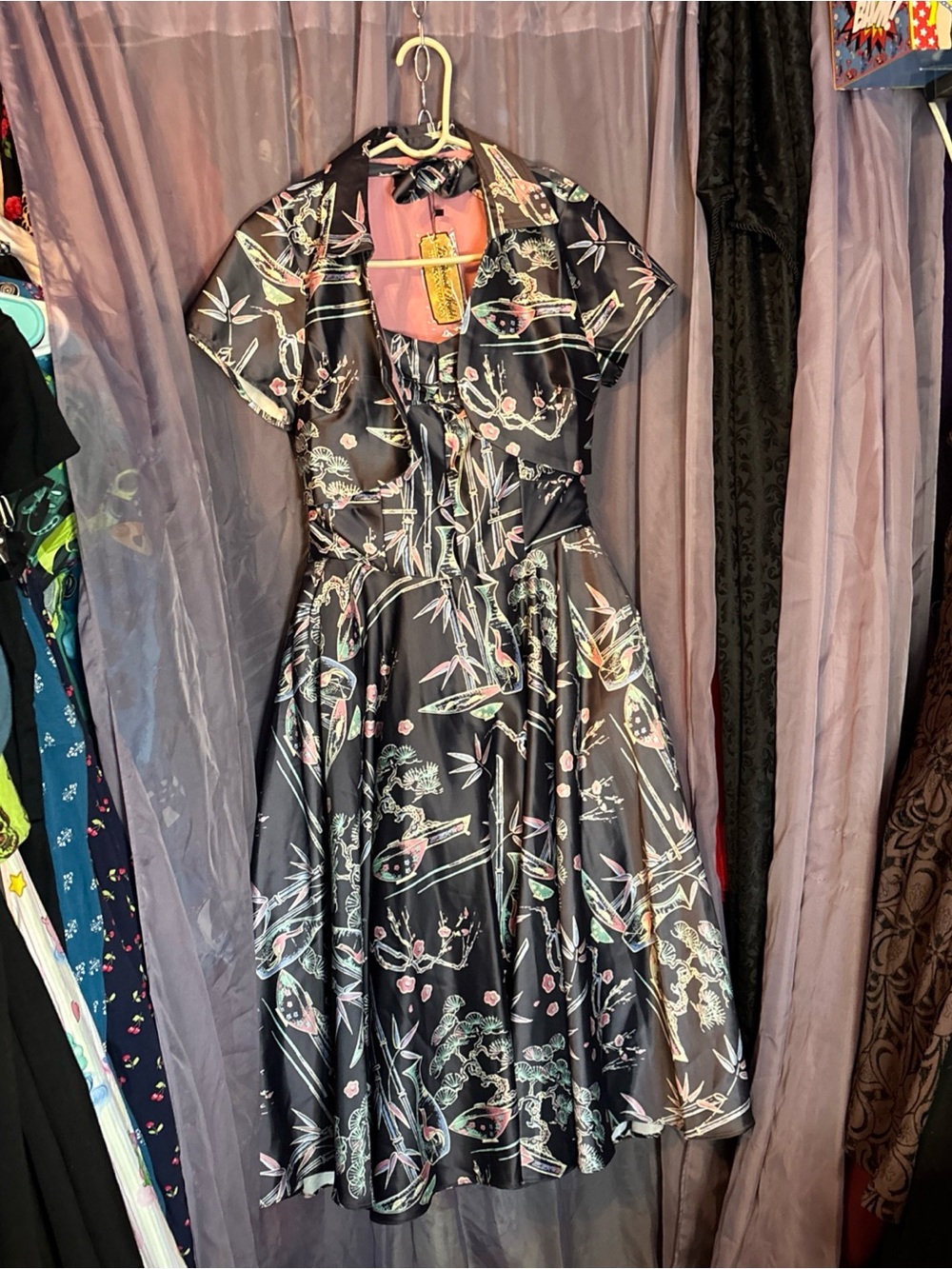 Black Floral Satin Midi Dress with Pastel Print